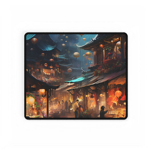 Enchanted Street Food Market: Vibrant Evening Artwork - Desk Mat