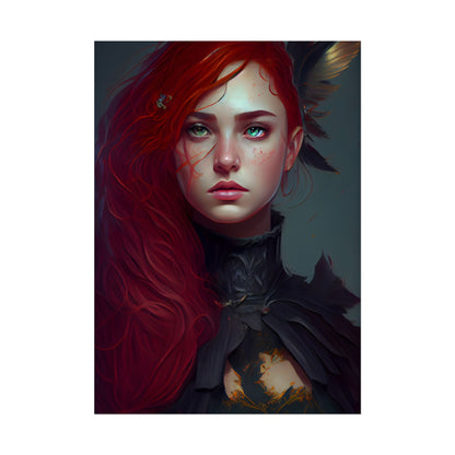 Vibrant Female Portrait: Red Hair Beauty in Neutral Dress - Poster