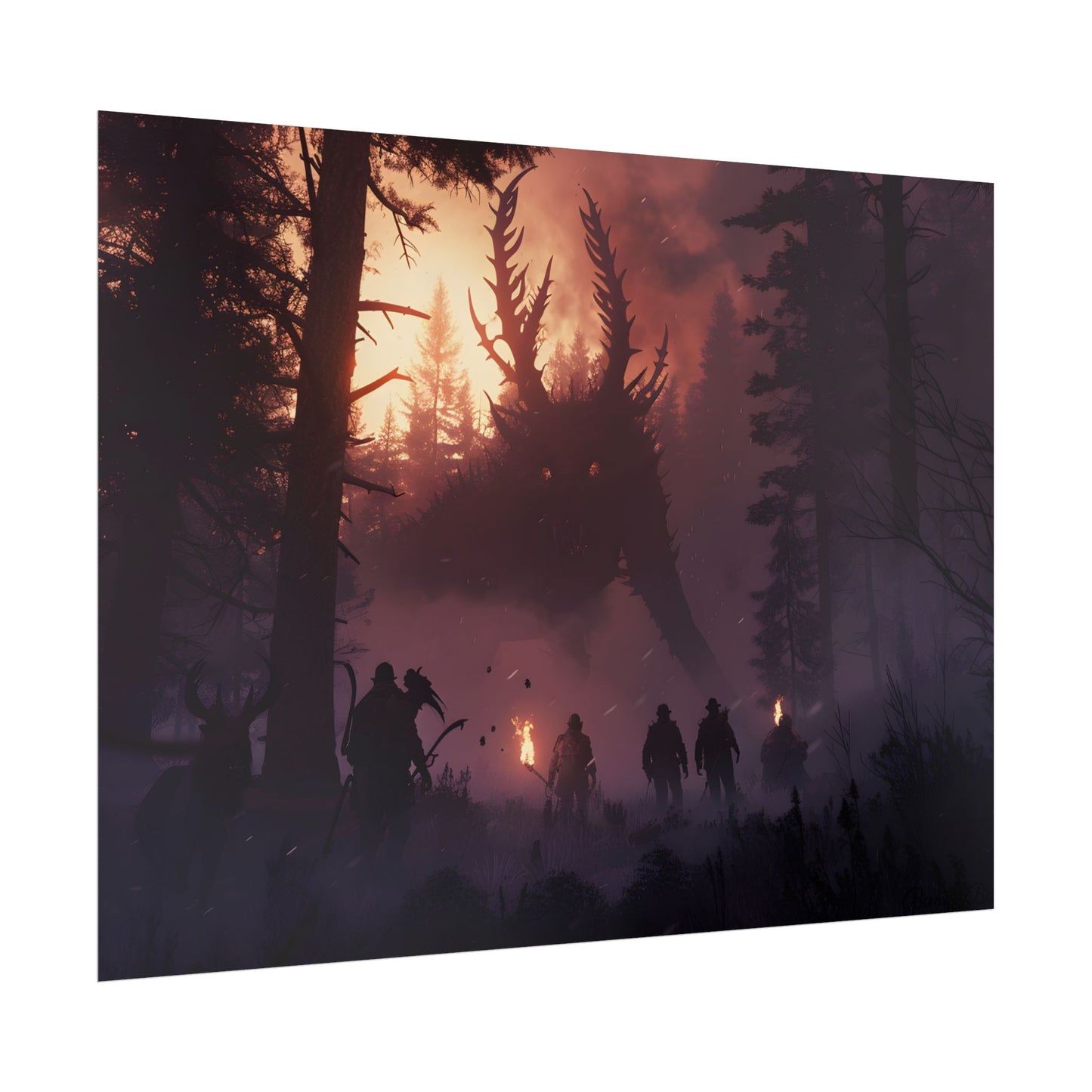 Serene Forest Sunset: Group Walking Through Misty Landscape - Poster
