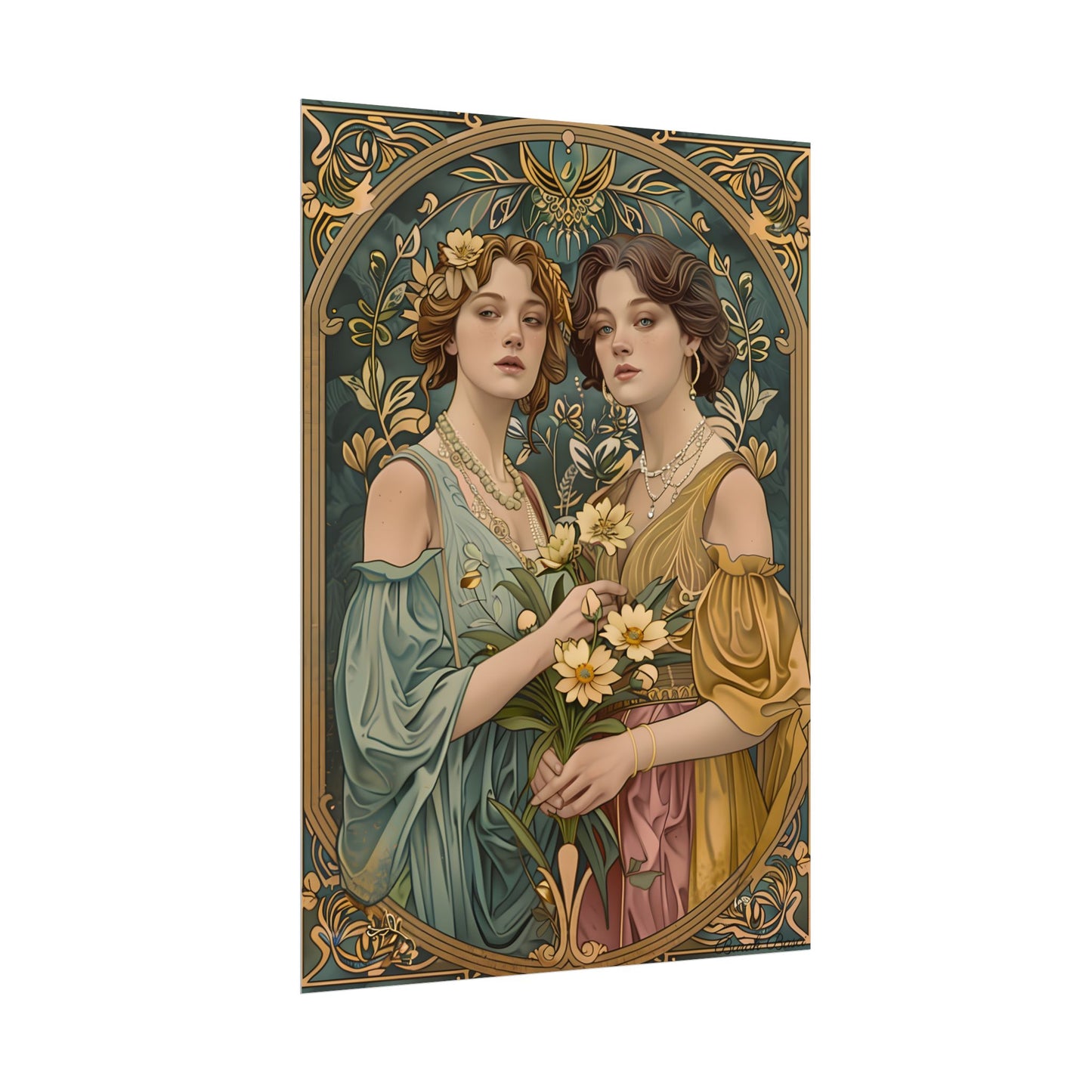Two Women in Ornate Attire Holding Primr: Traditional Turkish Artwork - Poster