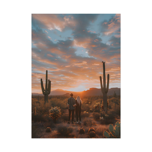Warm Embrace Under Desert Sunset: People Standing Together in Golden Hour - Poster