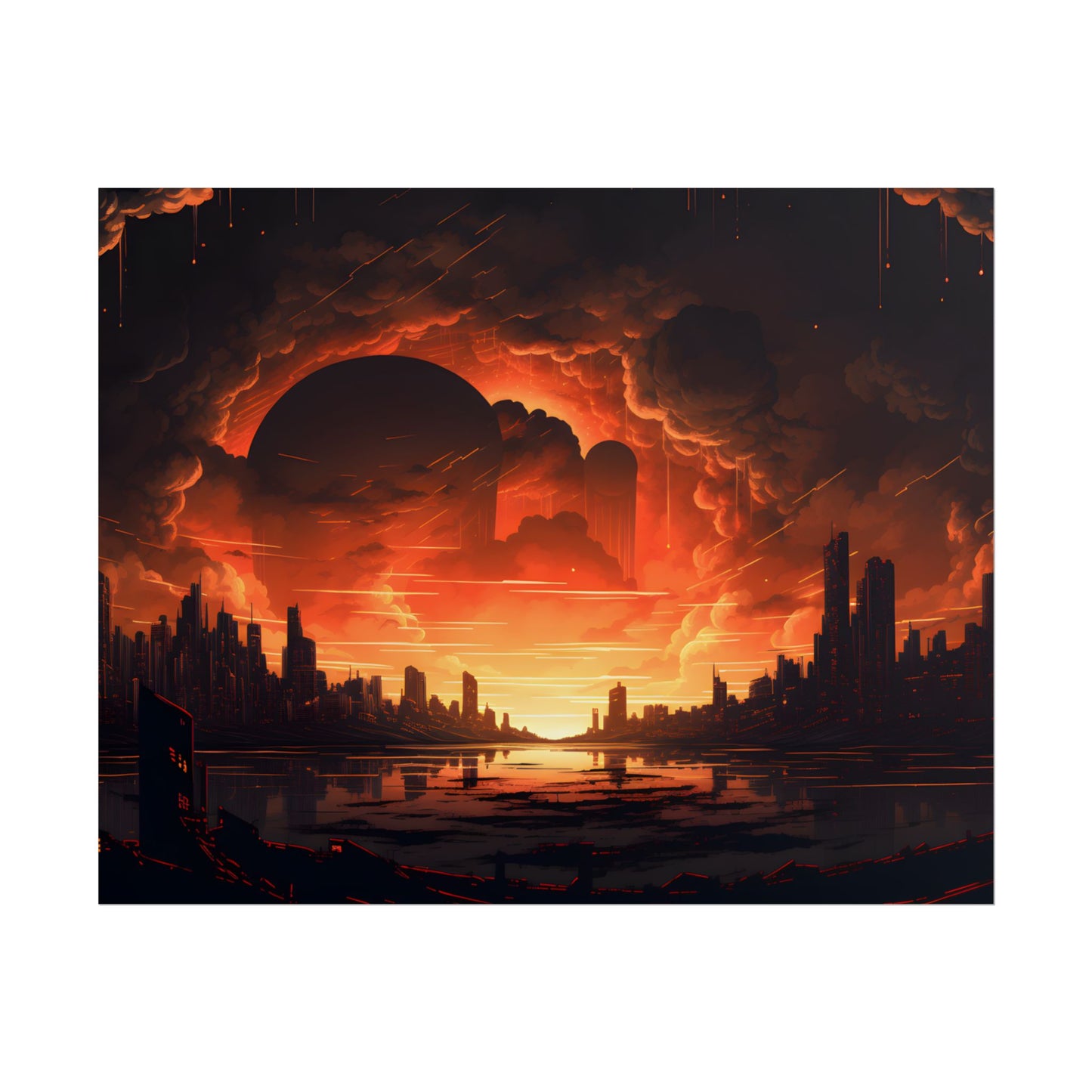 Futuristic Cyberpunk Night: Burning Cityscape Landscape Art - Poster