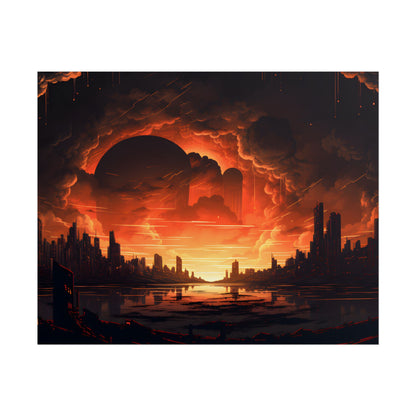 Futuristic Cyberpunk Night: Burning Cityscape Landscape Art - Poster