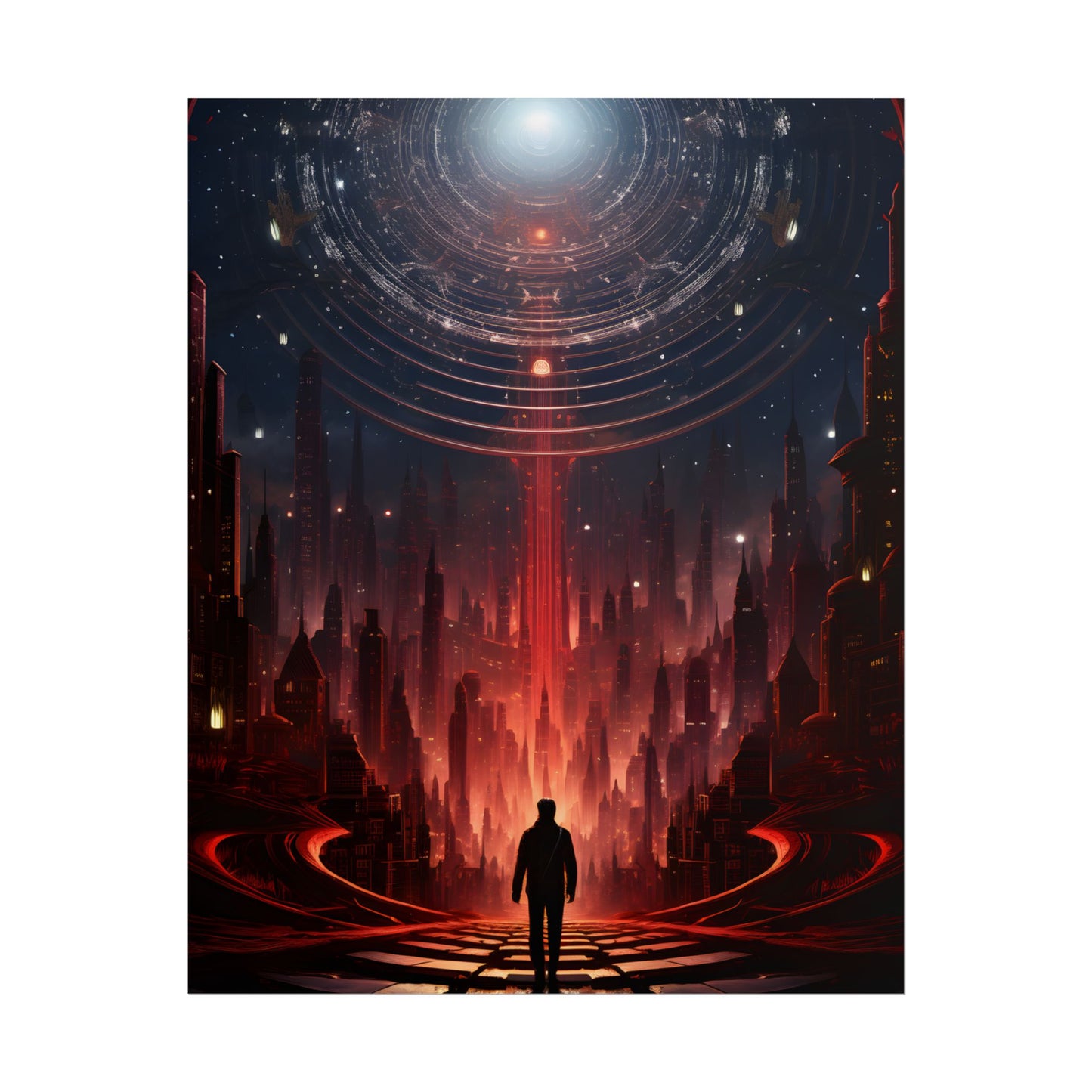 Futuristic Cityscape: Neon Sky Meets Nature's Harmony - Poster