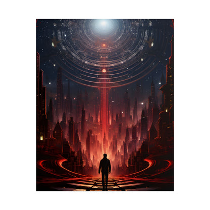 Futuristic Cityscape: Neon Sky Meets Nature's Harmony - Poster