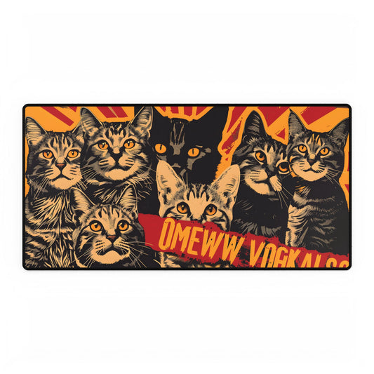 Soviet-Style Cats: Red Background Art Piece - Desk Mat