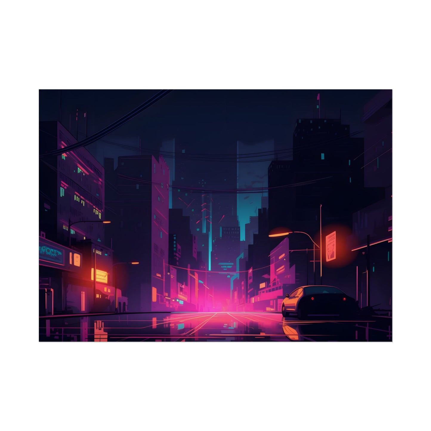 Cyberpunk Night: Moody Cityscape with Unique Architecture - Poster