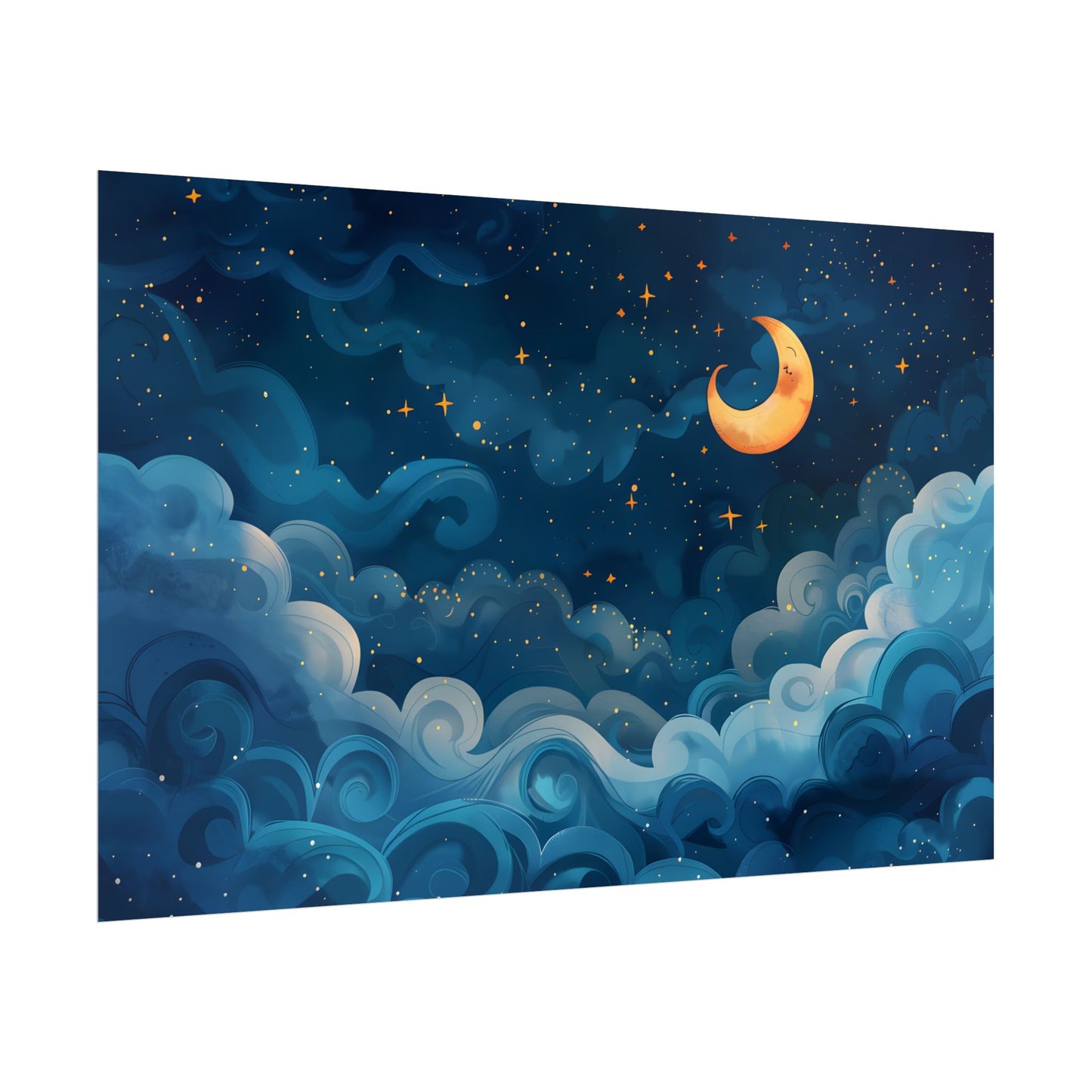 Surreal Night Sky Dreamscape: Whimsical Stars and Clouds Art - Poster