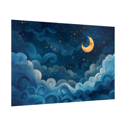 Surreal Night Sky Dreamscape: Whimsical Stars and Clouds Art - Poster