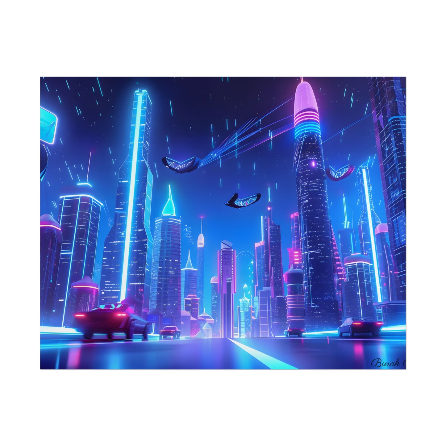 Vibrant Futuristic Cityscape: Neon Lights at Night Digital Artwork - Poster