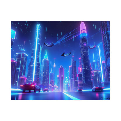 Vibrant Futuristic Cityscape: Neon Lights at Night Digital Artwork - Poster