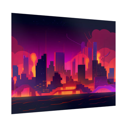 Burning Cyberpunk Cityscape: Nighttime Digital Artwork - Poster