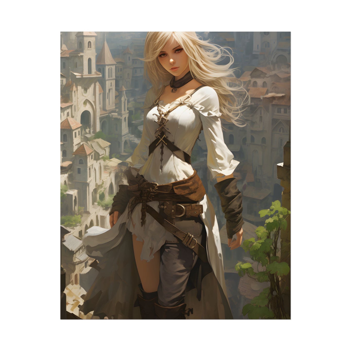 Anime Bird's Eye View Portrait: Blonde Beauty in Motion - Poster