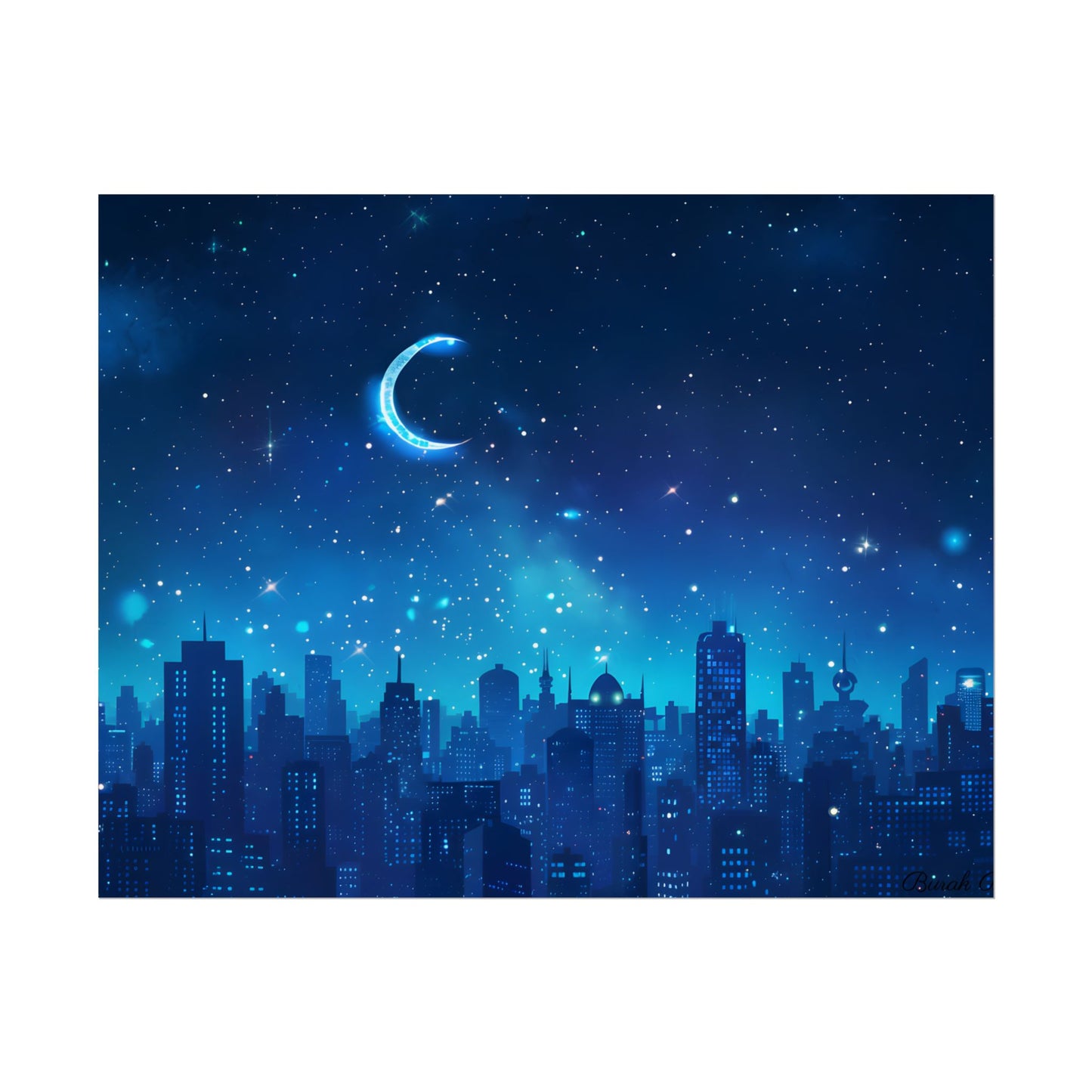 Peaceful Night Sky with Crescent Moon: Starry Digital Art - Poster
