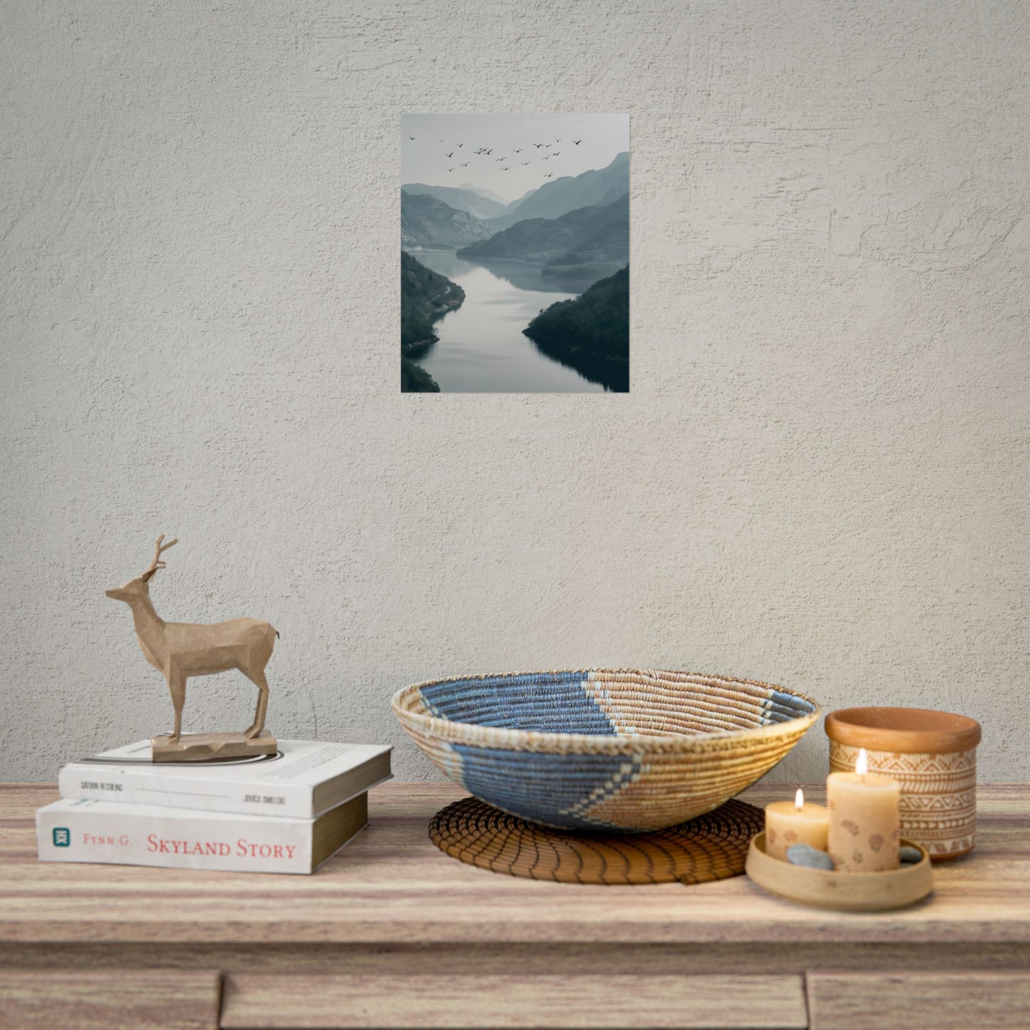 Peaceful Mountain Oasis: Serene Birds Eye View Artwork - Poster
