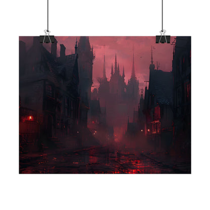 Dark Gothic Cityscape: A Serene Misty Dusk Scene - Poster
