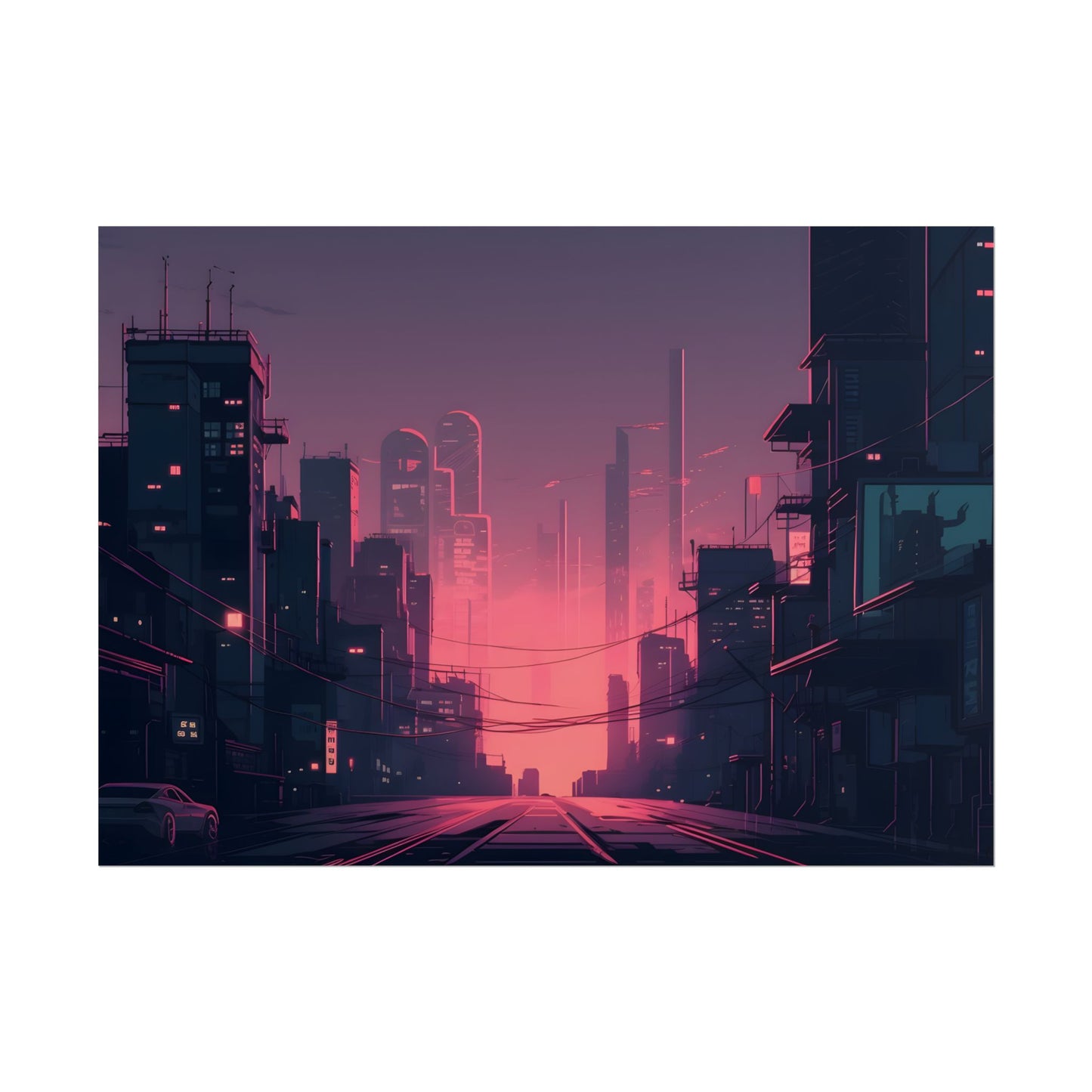 Cyberpunk Nighttime Cityscape: Melancholic Mood - Poster