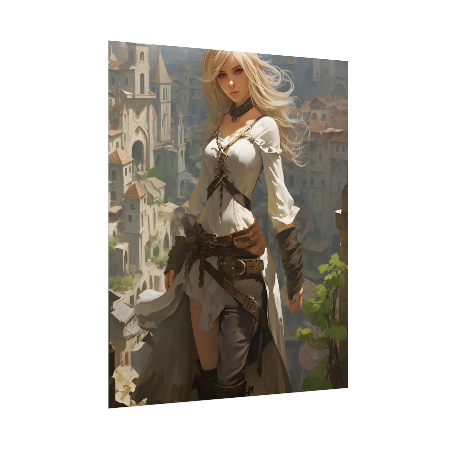 Anime Bird's Eye View Portrait: Blonde Beauty in Motion - Poster