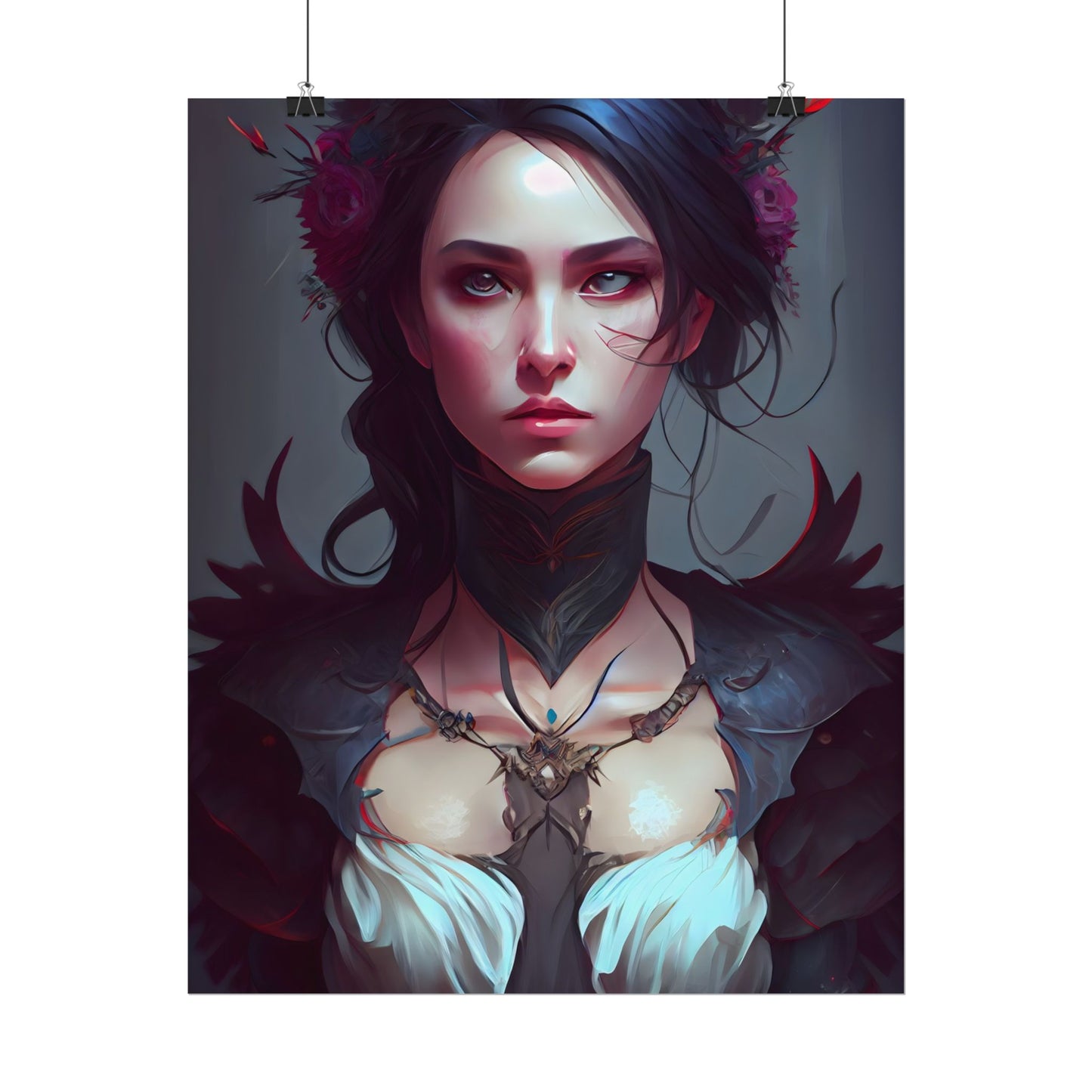 Enchanting Female Portrait: Elegant Black Dress Artwork - Poster