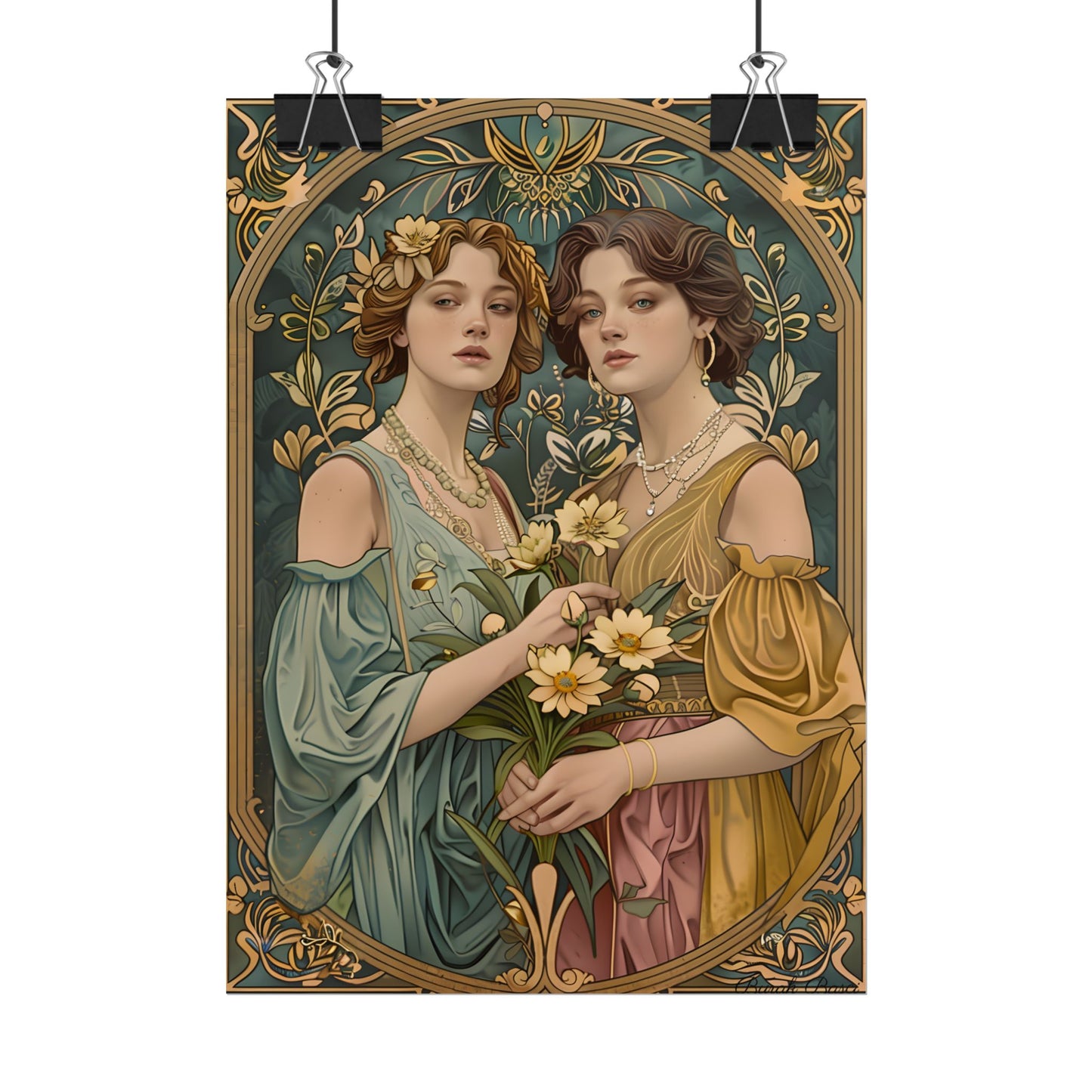 Two Women in Ornate Attire Holding Primr: Traditional Turkish Artwork - Poster