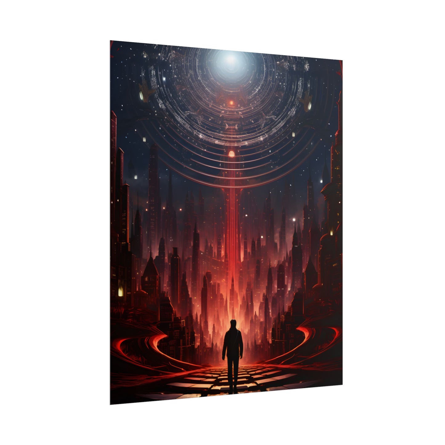 Futuristic Cityscape: Neon Sky Meets Nature's Harmony - Poster