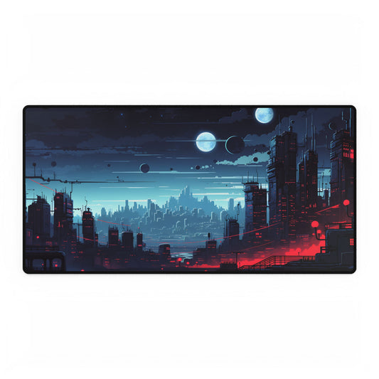 Burning Cyberpunk Cityscape at Night: Landscape Digital Art - Desk Mat