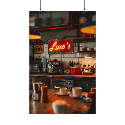 Cozy Retro Kitchen Artwork: Lukes Diner Sign Digital Art - Poster