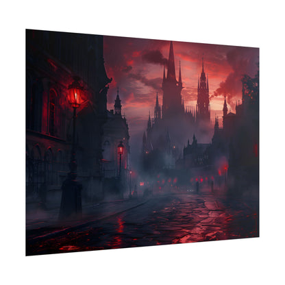 Gothic City Dusk: Pointed Arches and Misty Atmosphere - Poster