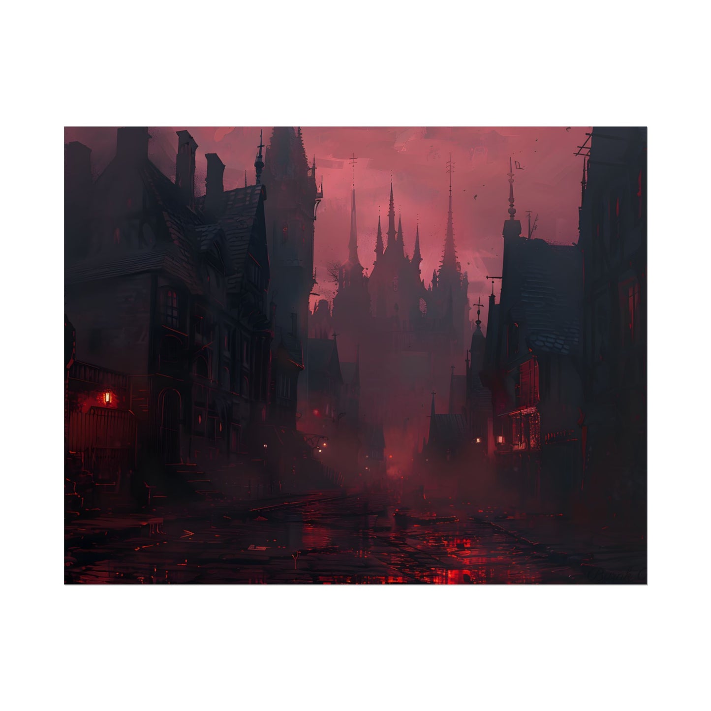 Dark Gothic Cityscape: A Serene Misty Dusk Scene - Poster