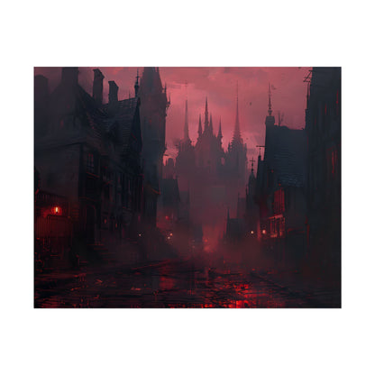 Dark Gothic Cityscape: A Serene Misty Dusk Scene - Poster