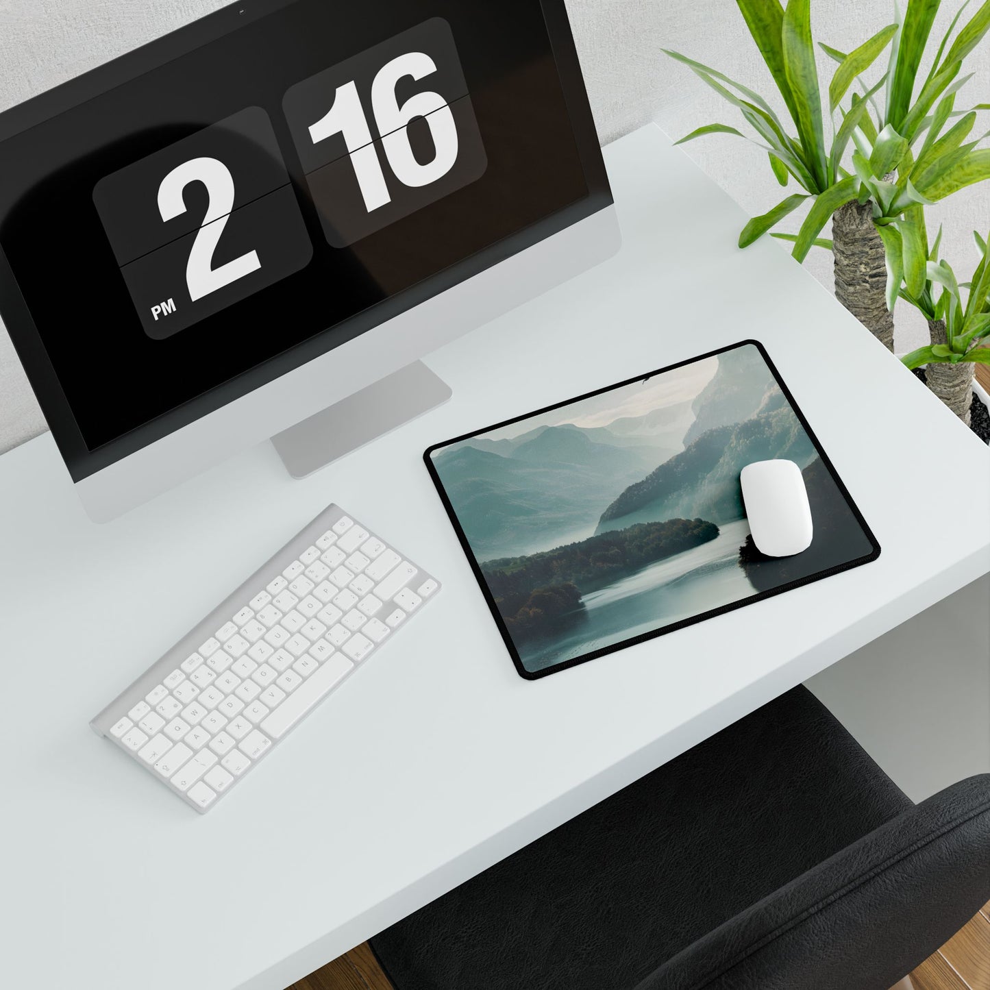 Explore Serene Mountains and Lake: Aerial Perspective Digital Art - Desk Mat