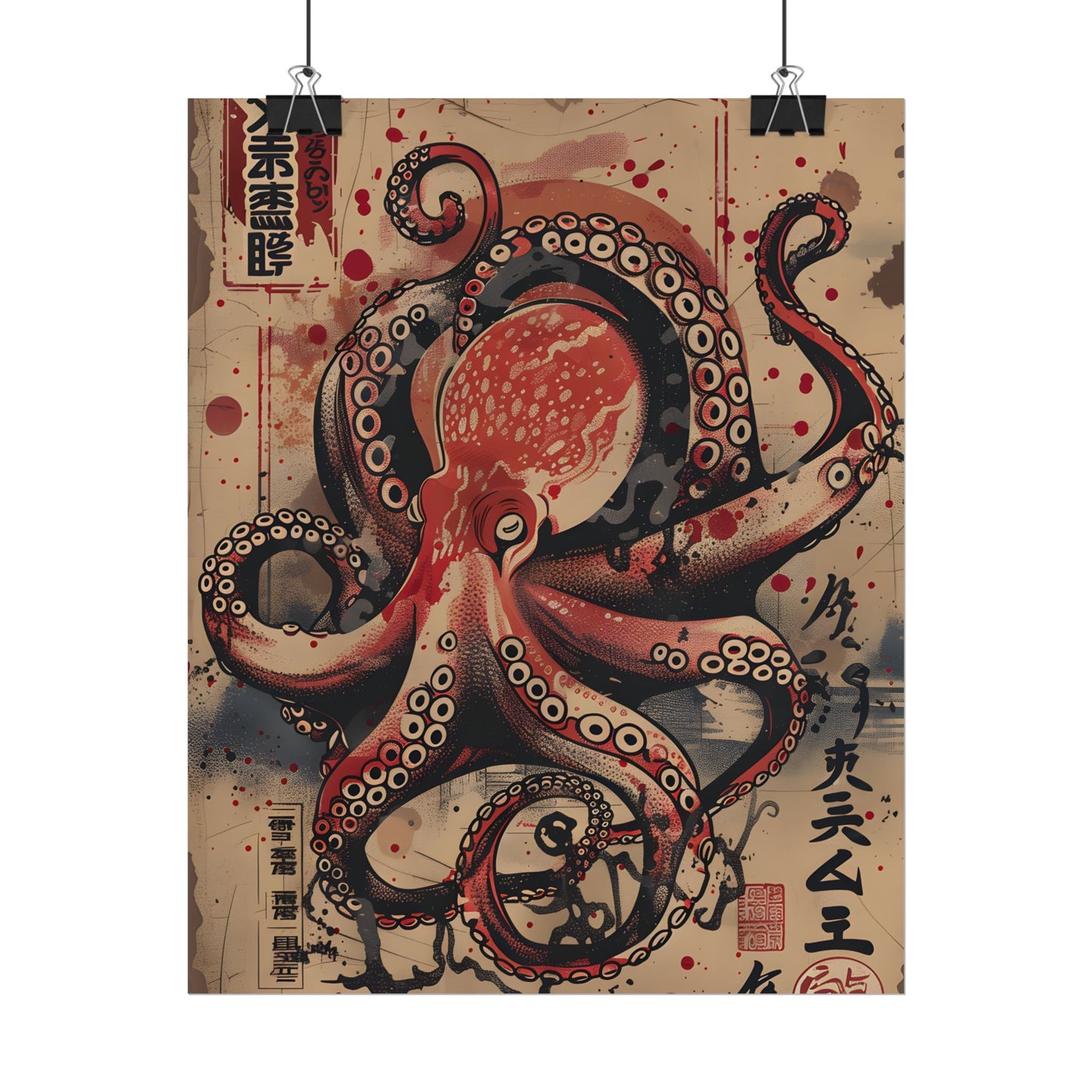 Stylized Octopus in Ukiyo-E Style: Japanese Artwork - Poster