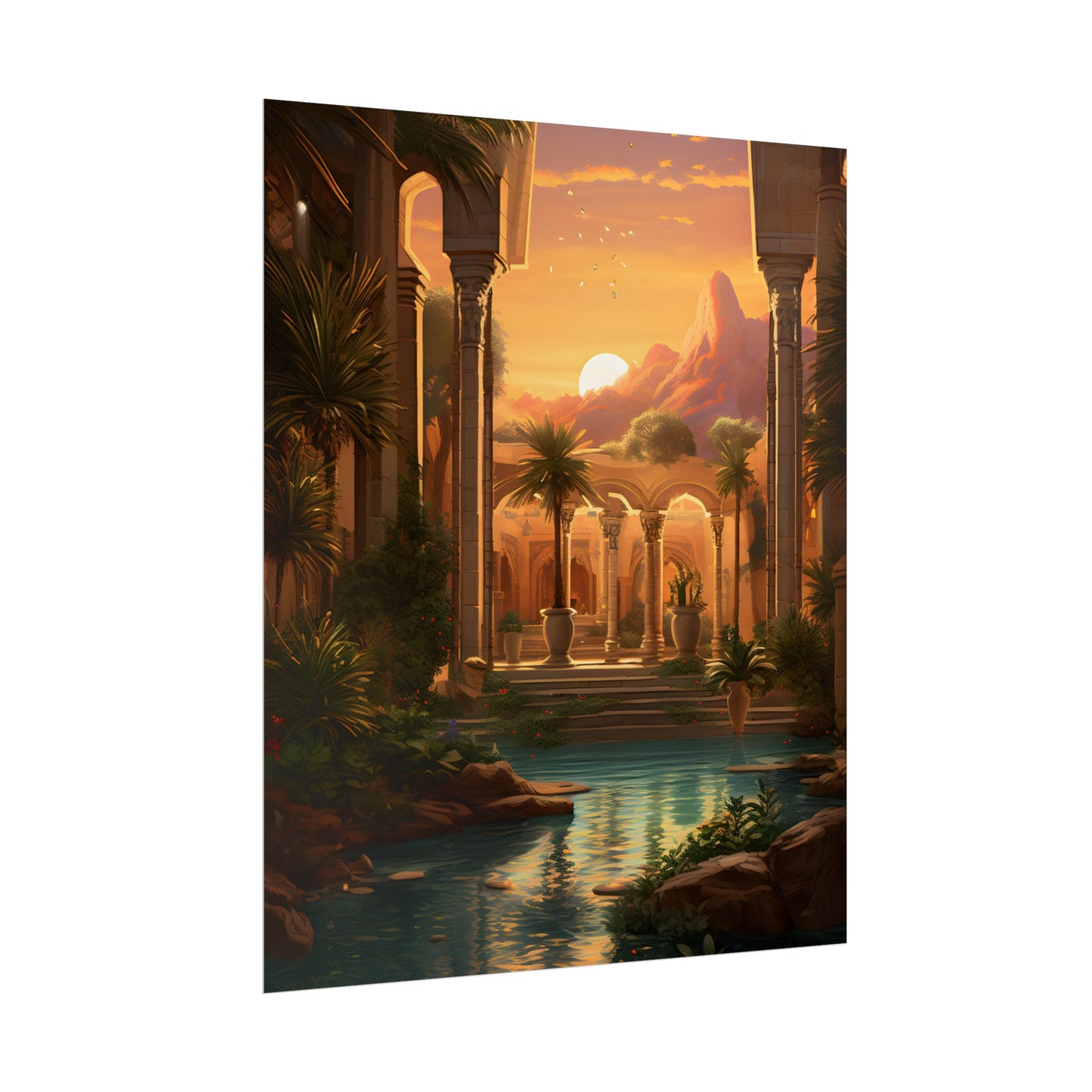 Desert Oasis at Sunset: Magical Desert Artwork - Poster