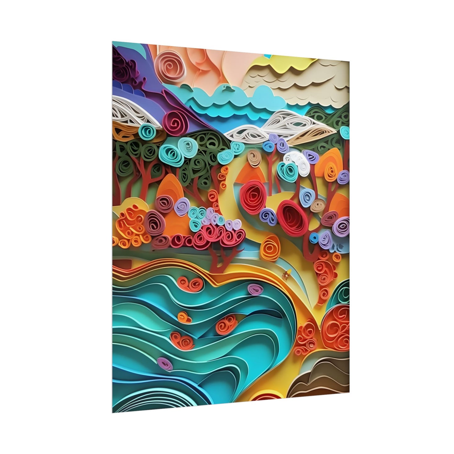 Paper Quilled Beach Bliss: Artistic Coastal Landscape - Poster