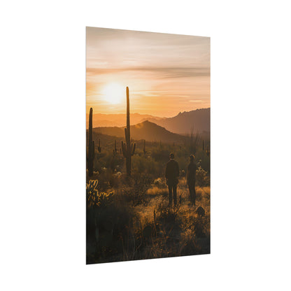 Desert Sunset Serenity: Two Friends Standing Together - Poster