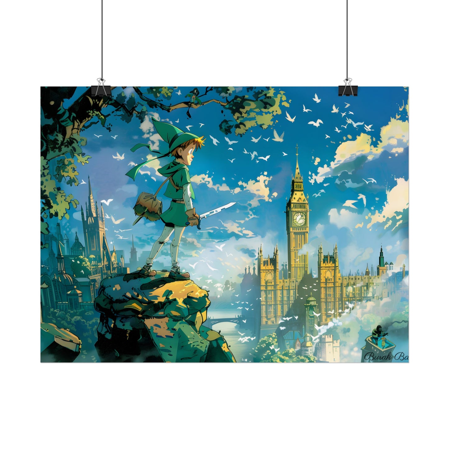 Whimsical Boy in Green: Colorful Illustration Artwork - Poster