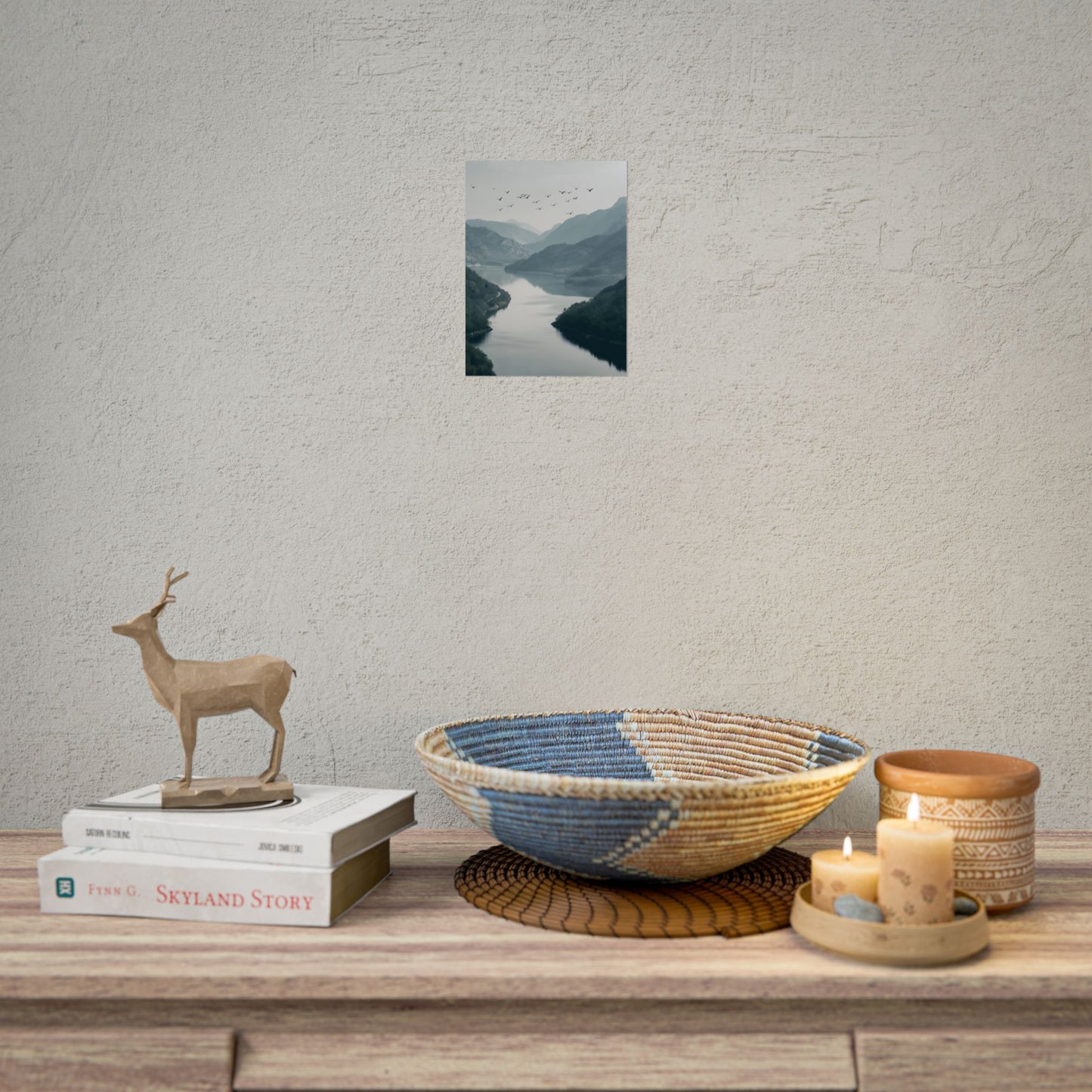 Peaceful Mountain Oasis: Serene Birds Eye View Artwork - Poster