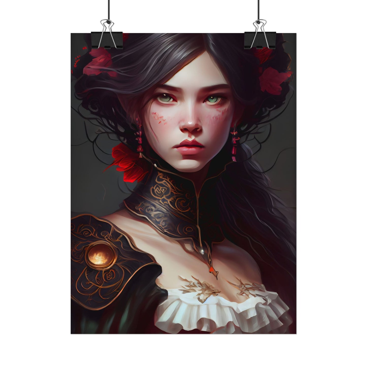 Elegant Black Hair Portrait in White Dress - Poster