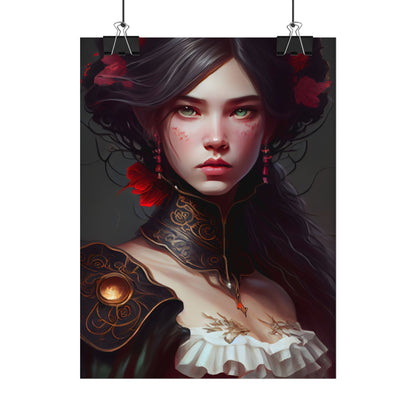 Elegant Black Hair Portrait in White Dress - Poster