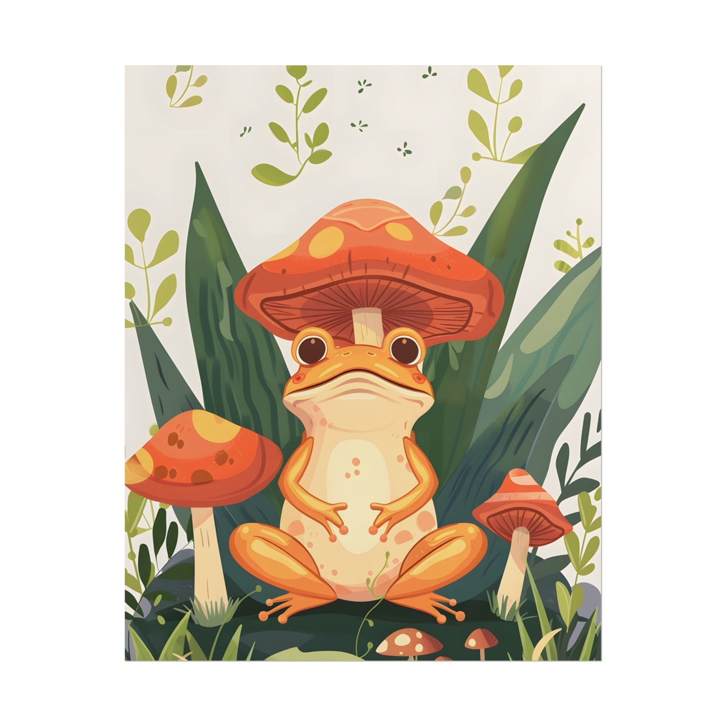 Retro Whimsy: Frog & Mushrooms in Close-Up Charm - Poster