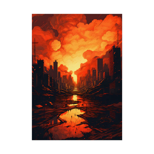 Cyberpunk Cityscape at Night: Burning Digital Artwork - Poster