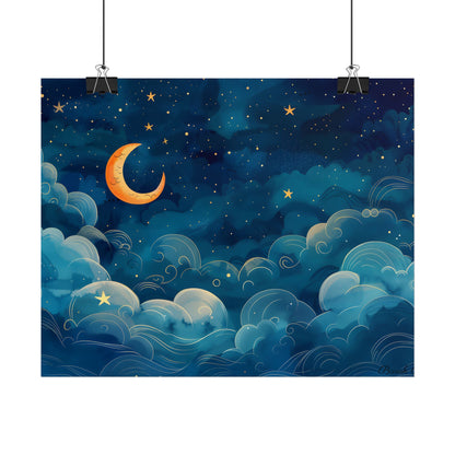 Whimsical Dreamy Night Sky: Small Town Illuminated by Pastel Stars - Poster