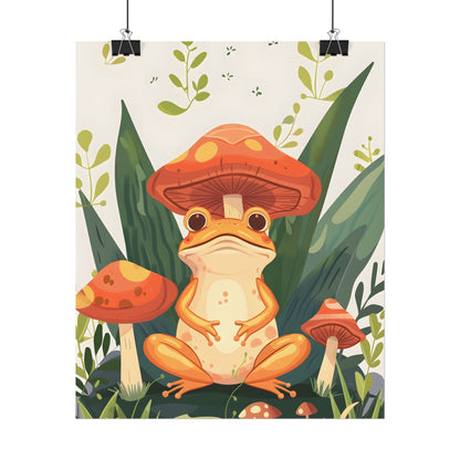 Retro Whimsy: Frog & Mushrooms in Close-Up Charm - Poster