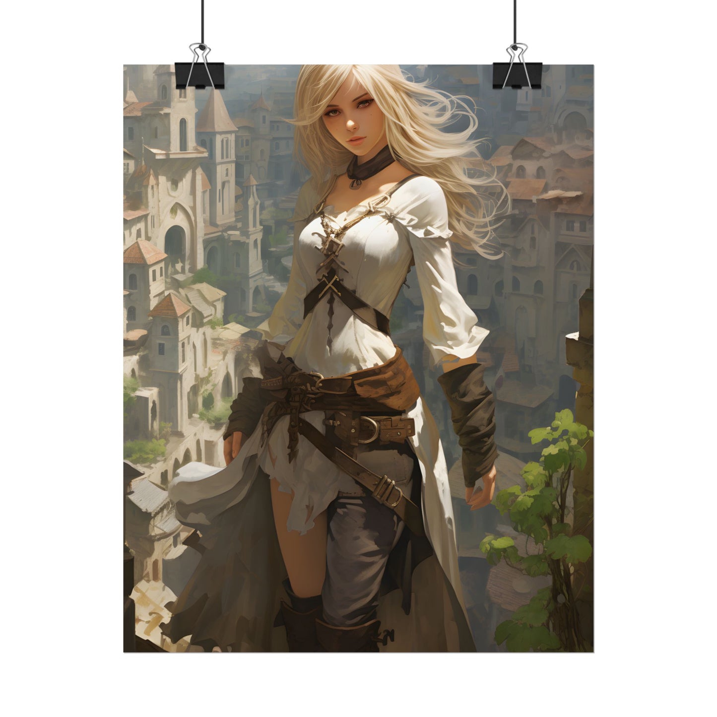 Anime Bird's Eye View Portrait: Blonde Beauty in Motion - Poster