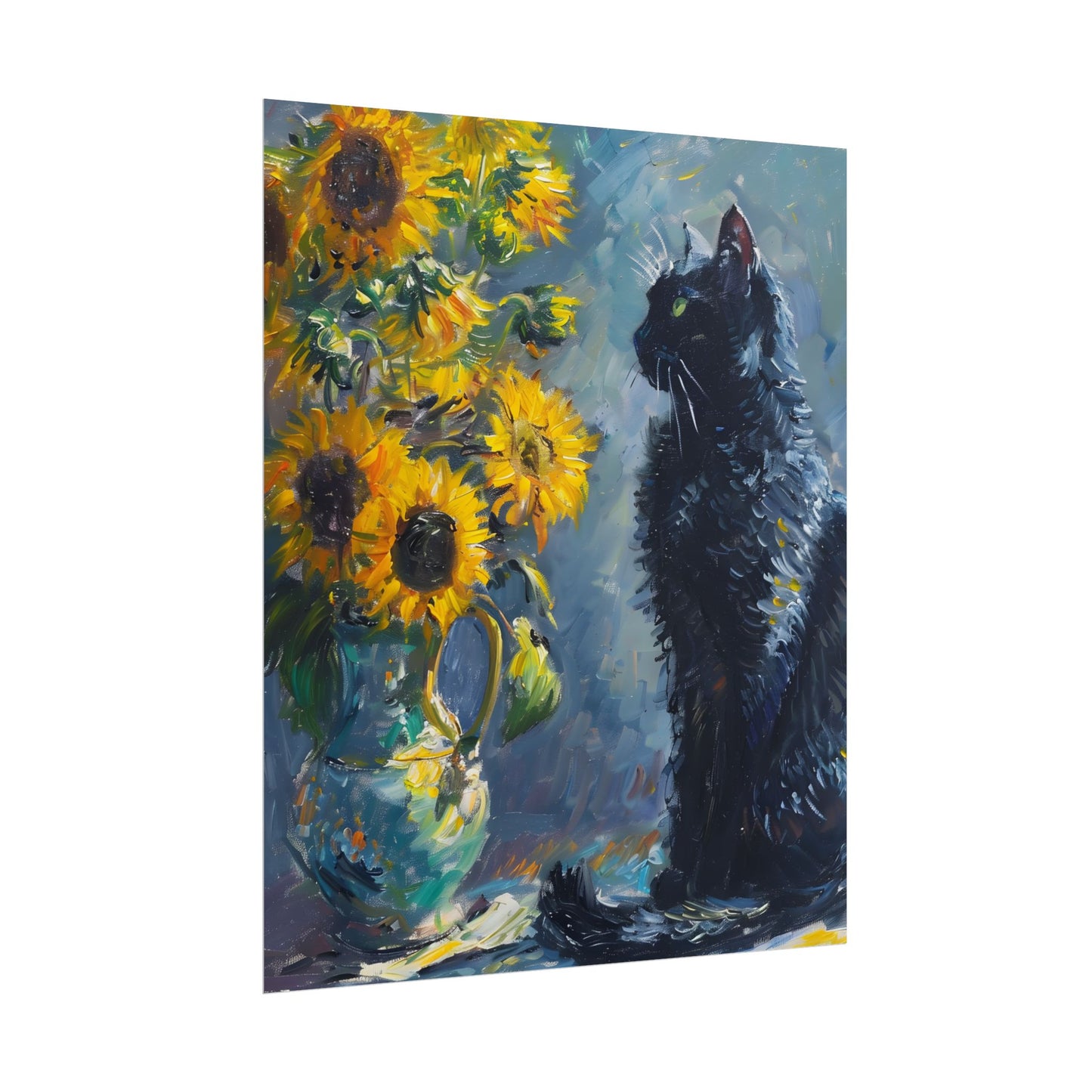 Whimsical Black Cat by Sunflowers: Serene Garden Art - Poster