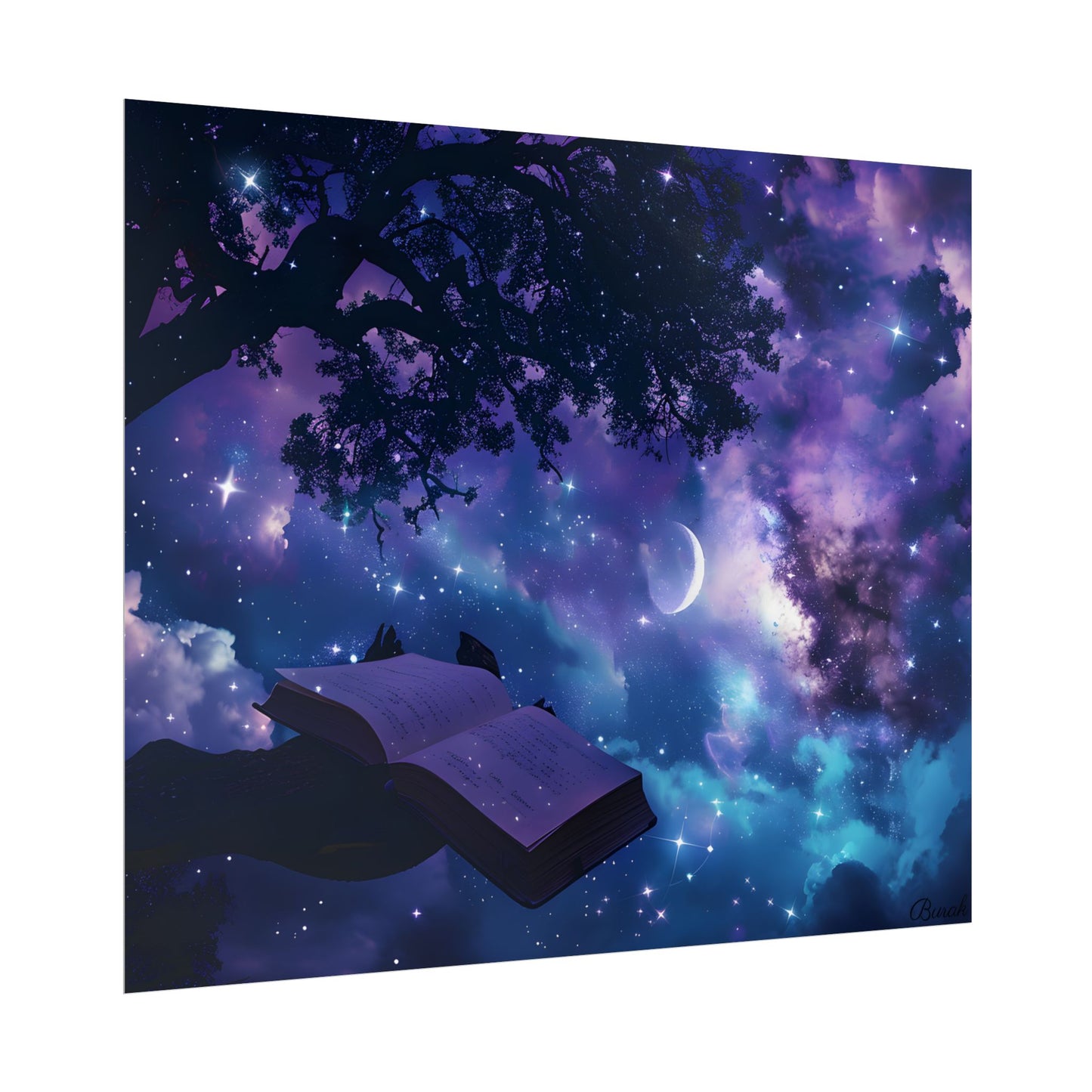 Mystical Night Sky: Celestial Dreams with Crescent Moon Art - Poster