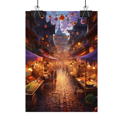 Magical Street Food Market: Vibrant Enchanted Scene Art - Poster