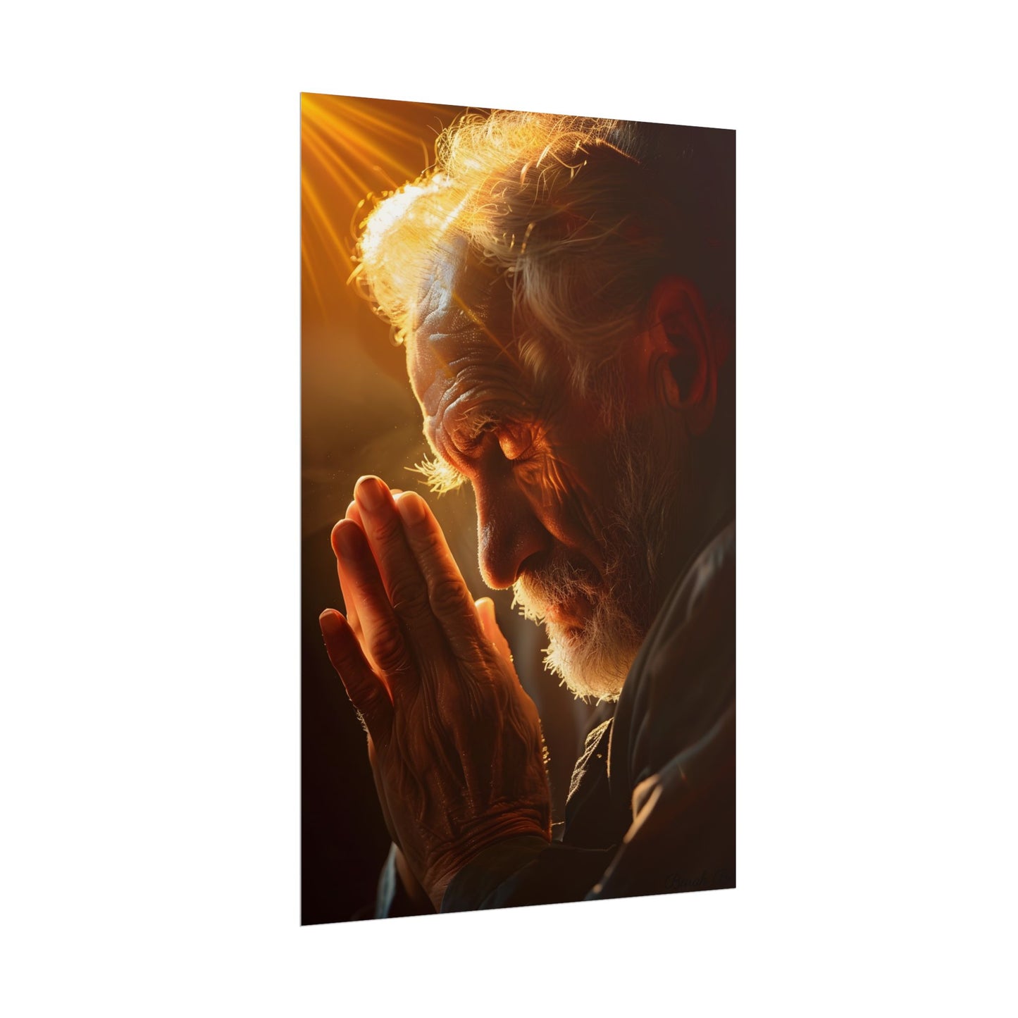 Serenity in Prayer: Elderly Man's Quiet Moment - Poster