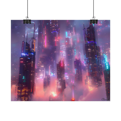 Neon Futuristic Cityscape: Graphic Modern Art - Poster