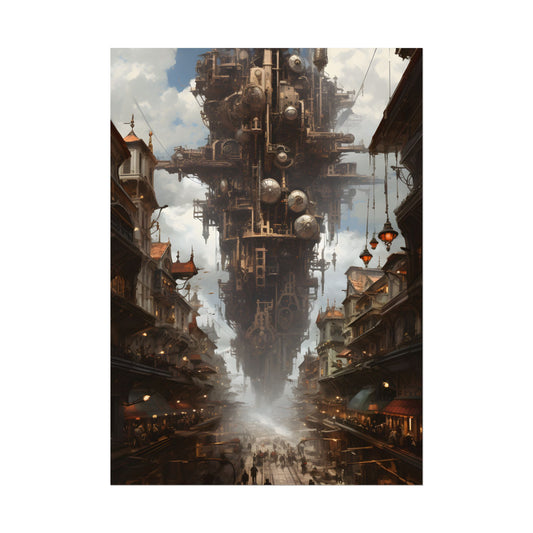 Steampunk Cityscape: A Glimpse into a Futuristic Industrial Era - Poster